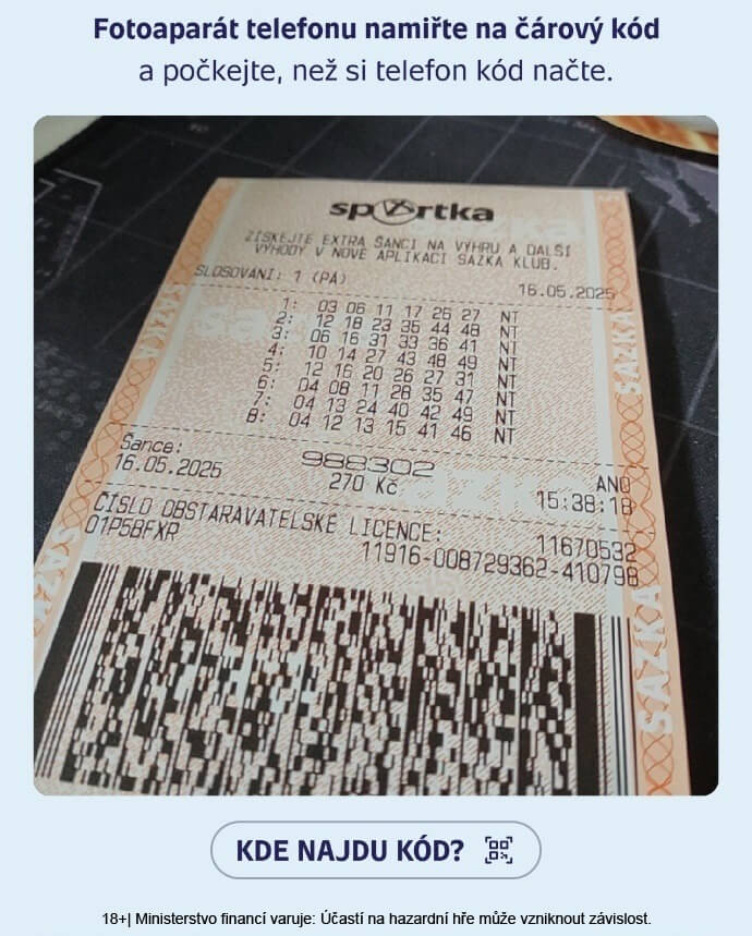 Překontrolujte si tiket naskenováním v mobilní aplikaci Sazka Klub. Překontrolujte si tiket naskenováním v mobilní aplikaci Sazka Klub.