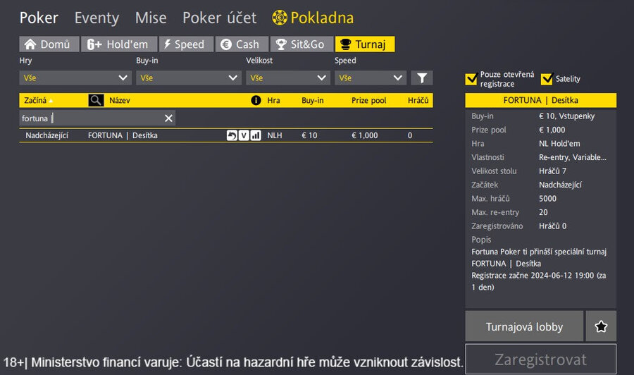 Fortuna Poker exkluzivní turnaj Desítka