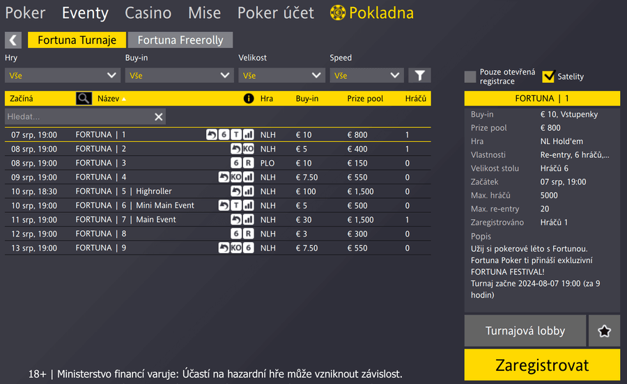 Pokerový festival na Fortuna Pokeru – lobby