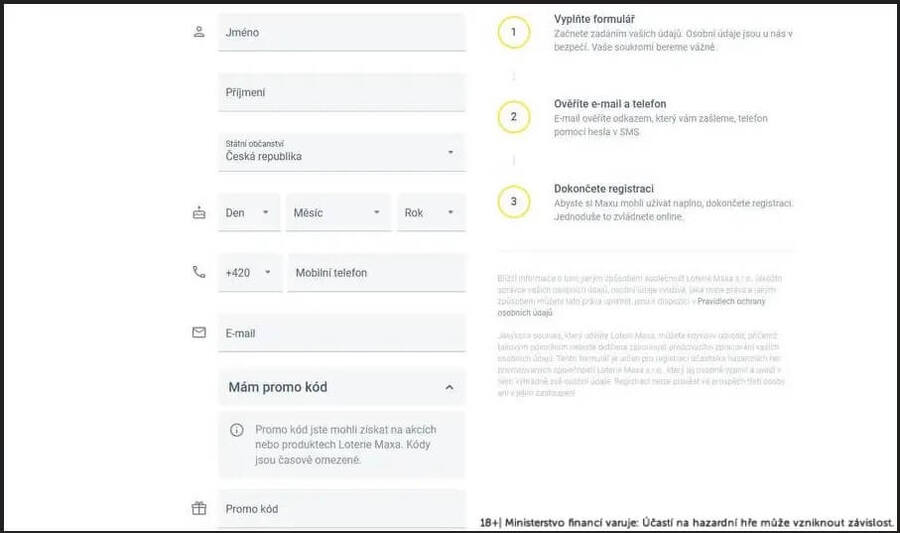 Maxa registrační formulář